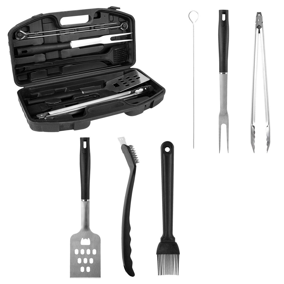 SET BBQ NOGAL, MALETIN PLASTICO CON PINZA, BROCHA, ESPATULA, SEPILLO, TENEDOR, BROCHETAS