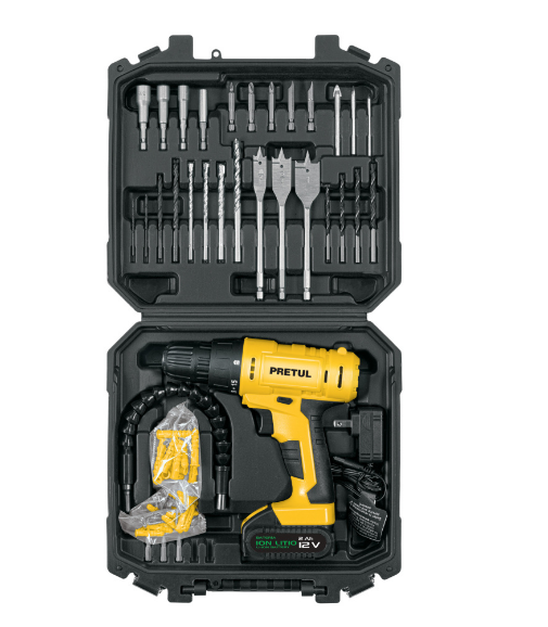PRETUL KIT TALADRO 3/8 12V 33ACCESORIOS C/ESTUCHE
