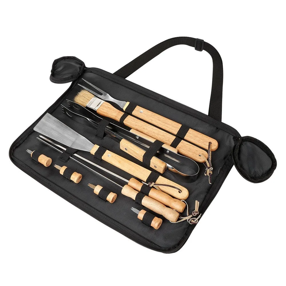 SET DE BBQ WAHIBA , MALETIN, PINZA, BROCHA, TENEDOR, ESPATULA, 2 BROCHETAS, 4 PINCHOS
